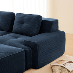 Modern Modular Sectional Sofa with 4-Seater,V Shaped Corner Couch,Corduroy Fabric,Deep Seat for Living Room, Movable Ottoman,Pearl-like piping, Tufted Design, No Assembly, Anti-slip Design,Blue