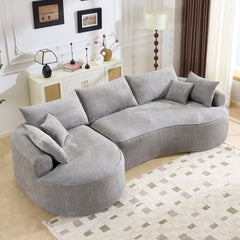 124.5-inch modern compressed boneless sofa, made of grey chenille fabric, comes with 3 back pillows and 4 throw pillows. The high-resilience sponge provides a comfortable experience.No assembly