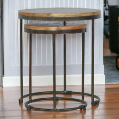 Solid Wood Round Stool with Iron Base, Set of 2, Light Brown