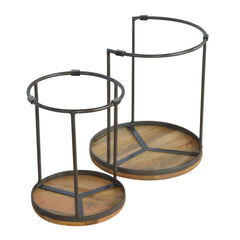 Solid Wood Round Stool with Iron Base, Set of 2, Light Brown