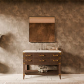Brown Oak Single Bath Vanity 48 in. W x 22 in. D, White Quartz Top, and 46 in. Mirror