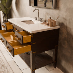 Brown Oak Single Bath Vanity 48 in. W x 22 in. D, White Quartz Top, and 46 in. Mirror