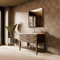 Brown Oak Single Bath Vanity 48 in. W x 22 in. D, White Quartz Top, and 46 in. Mirror