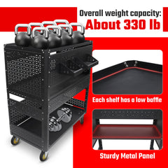 3-Tier DIY Detachable Utility Cart Storage Tool Cart With Steel Pegboard, Foldable Rolling Tool Cart with Wheels For Garage Organizer and Tool Storage