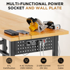 96" Adjustable Workbench with Side Pegboard, Solid Wood Top, 2000 lbs Capacity, Adjustable Height Garage Work Table with Power Outlet, Storage Box, Wheels or Leveling Feet