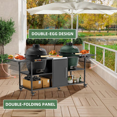 Outdoor Grill Cart for Two Big Green Egg, Metal Grill Table Compatible with Large Big Green Egg,Kamado Joe 18 Inch,and other similar models