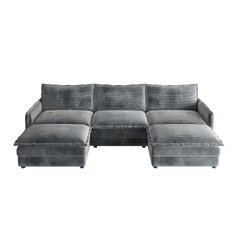 Corduroy Fabric 3-Seater Comfy Cloud Couch with 2 Movable Footrest for Living Room,Oversized Deep Seat U Shaped Couch Set, Upholstered Large Size Deep Seat 2-Seat Sofa with 3 cushions