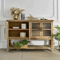 59.06" Rectangle Accent Glass Door Wooden Sideboard Cabinet with Storage Shelf, Easy Assembly Rustic Cabinet for Kitchen, Dining Room, Living Room
