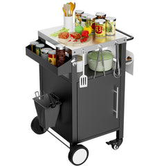 Outdoor Grill Cart with Patio Furniture, Outdoor Grill Table with Storage,Rolling Bar Cart Outdoor BBQ Cart with Hooks and Spice Rack for Grilling Accessories, Black