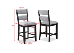 2pc Set Black Farmhouse Style Ladder Back Counter Height Side Chair Stool Gray Color Upholstered Seat and Back Dining Room Wooden Furniture