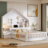 Full Size House Bed with Window and Bedside Drawers, Platform Bed with Shelves and a set of Sockets and USB Port, White(OLD SKU:LT000423AAK-1)