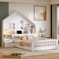 Full Size House Bed with Window and Bedside Drawers, Platform Bed with Shelves and a set of Sockets and USB Port, White(OLD SKU:LT000423AAK-1)