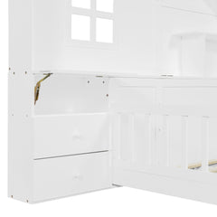 Full Size House Bed with Window and Bedside Drawers, Platform Bed with Shelves and a set of Sockets and USB Port, White(OLD SKU:LT000423AAK-1)