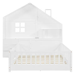 Full Size House Bed with Window and Bedside Drawers, Platform Bed with Shelves and a set of Sockets and USB Port, White(OLD SKU:LT000423AAK-1)