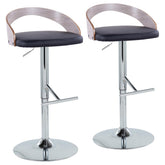 Grotto Contemporary Adjustable Height Barstool with Swivel in Chrome Metal, Light Grey Wood and Black Faux Leather with Straight T Footrest by LumiSource - Set of 2