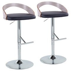 Grotto Contemporary Adjustable Height Barstool with Swivel in Chrome Metal, Light Grey Wood and Black Faux Leather with Straight T Footrest by LumiSource - Set of 2