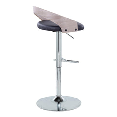 Grotto Contemporary Adjustable Height Barstool with Swivel in Chrome Metal, Light Grey Wood and Black Faux Leather with Straight T Footrest by LumiSource - Set of 2