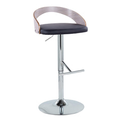 Grotto Contemporary Adjustable Height Barstool with Swivel in Chrome Metal, Light Grey Wood and Black Faux Leather with Straight T Footrest by LumiSource - Set of 2