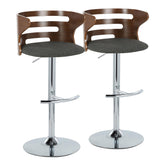Cosi Mid-Century Modern Adjustable Barstool with Swivel in Chrome Metal, Walnut Wood and Charcoal Fabric with Rounded T Footrest by LumiSource - Set of 2