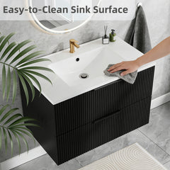 30 Inch Bathroom Vanity Cabinet With Ceramic Sink - Black Wall Mounted Floating Fluted Vanity With Drawers, Modern
