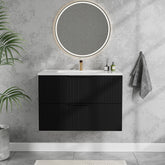 30 Inch Bathroom Vanity Cabinet With Ceramic Sink - Black Wall Mounted Floating Fluted Vanity With Drawers, Modern