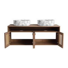 48" Bathroom Vanity with 2-Ceramic Art Sink, 4-Soft Close Door, Float Mounting Design, Plywood (KD-Packing)