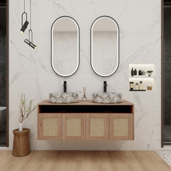 48" Bathroom Vanity with 2-Ceramic Art Sink, 4-Soft Close Door, Float Mounting Design, Plywood (KD-Packing)