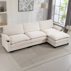 113" Modern 3+1 L-Shaped Corduroy Fabric Sofa,Modular Sectional Cloud Couch W/Ottoman,35D High-resilience Sponge&Double-layer Thick Cushion,Cup Holders,Storage Bags,Couches For Living Room,Apartment.
