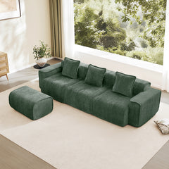 Streamlined Design Modular 3 Seat L Shape Sectional Boneless Sofa with French Edge Piping, No Assembly Required, 3-Seat Sofa Couch with Throw Pillows and 1 Movable Ottoman, Velvet Fabric Green