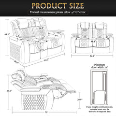 62.2"Power Recliner 2 PC Made WithTop-Grain Nappa,Fully Adjustable Relaxation,Smart Charging,Dynamic RGB LED Lighting,COFFEE
