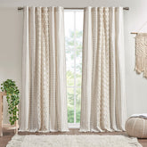 Cotton Printed Curtain Panel with Chenille Stripe and Lining Ivory 50x84 inch