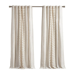 Cotton Printed Curtain Panel with Chenille Stripe and Lining Ivory 50x84 inch