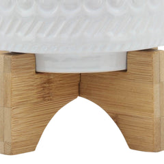 5" TRIBAL PLANTER W/ WOOD STAND, WHITE