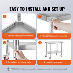 Stainless Steel Work Table 36x24 Inch with 4 Wheels Commercial Food Prep Worktable with Casters Heavy Duty Work Table for Commercial Kitchen Restaurant