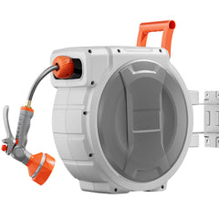Retractable Garden Hose Reel, 5/8 Inch x 100 ft Wall Mounted, Heavy Duty with 9-Pattern Nozzle, Adjustable Length Lock, Upgraded Slow Return System & 180° Swivel Bracket
