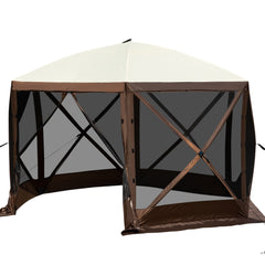 Camping Gazebo Screen Tent, 12*12ft, 6 Sided Pop-up Canopy Shelter Tent with Mesh Windows, Portable Carry Bag, Stakes, Large Shade Tents for Outdoor Camping, Lawn and Backyard, Brown/Beige