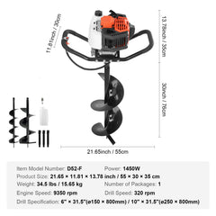 Post Hole Digger, 52cc 1450W Auger Post Hole digger, Gas Powered Earth Digger with Two Earth Auger Drill Bit 6" & 10" and 3 Extension Rods, for Farmland, Garden and Plant, EPA certification