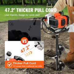 Post Hole Digger, 52cc 1450W Auger Post Hole digger, Gas Powered Earth Digger with Two Earth Auger Drill Bit 6" & 10" and 3 Extension Rods, for Farmland, Garden and Plant, EPA certification