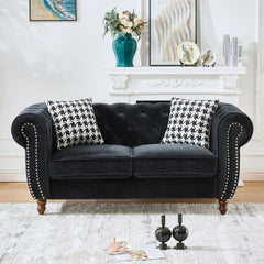 67"Chesterfield velvet upholstery fabric Sofa with Roll Armrest & Nailhead,Upholstered Mid Century Modern Couch,2 Seater Couch for Living Room, Office, Apartment, Black