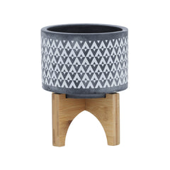 CERAMIC 5" AZTEC PLANTER ON WOODEN STAND, GRAY