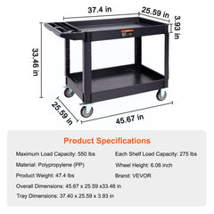 Utility Service Cart, 2 Shelf 550LBS Heavy Duty Plastic Rolling Utility Cart with 360° Swivel Wheels (2 with Brakes), Large Lipped Shelf, Ergonomic Storage Handle for Warehouse/Garage/Cleaning
