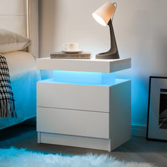 Nightstand LED Bedside Table Cabinet Lights Modern End Side with 2 Drawers for Bedroom (White)