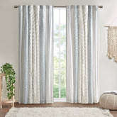 Cotton Printed Curtain Panel with Chenille Stripe and Lining White/Navy 50x84 inch