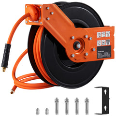 Retractable Air Hose Reel, 3/8 IN x 50 FT Hybrid Air Hose Max 300PSI, Air Compressor Hose Reel with 5 ft Lead in, Ceiling / Wall Mount Heavy Duty Single Arm Steel Reel