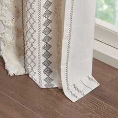 Cotton Printed Curtain Panel with Chenille Stripe and Lining Ivory 50x95 inch