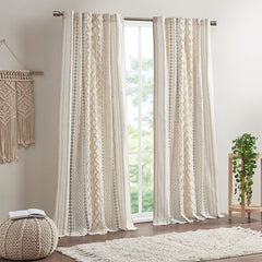 Cotton Printed Curtain Panel with Chenille Stripe and Lining Ivory 50x95 inch