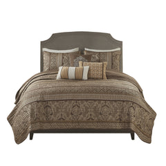 6 Piece Jacquard Quilt Set with Throw Pillows Brown/Gold Full/Queen