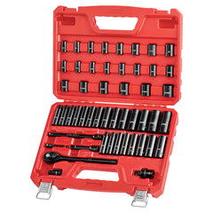 3/8 in Drive Impact Socket Set, 50 Piece, 6 Point Deep & Shallow Impact Sockets, SAE (5/16 in to 3/4 in) and Metric (8 to 22 mm) Sizes with 3 in & 6 in Extension Bars, Cr-V Steel, Carrying Case