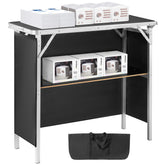 Folding Portable Bar Table, Tradeshow Podium Table for Indoor, Outdoor, Party, Picnic, Exhibition, Includes Carrying Case, Storage Shelf and Black Skirt, 38.39" x 15.16" x 34.25"