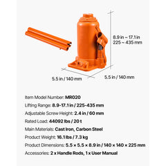 Hydraulic Bottle Jack, 20 Ton (44092 lbs) Capacity, 8.9-17.1 Inch Lifting Range, Heavy Duty Welded Bottle Jack for Car, SUV, Pickup, Auto Repair, House Lift and Agricultural Equipment, Orange